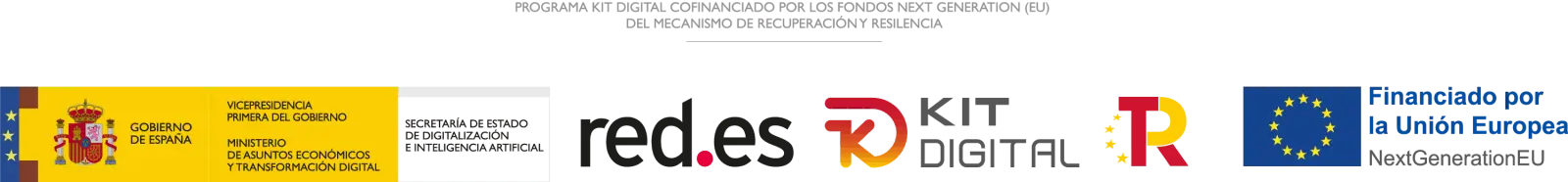 “Logotipos de la Unión Europea, el Ministerio de Transformación Digital de España, red.es, y el Plan de Recuperación, Transformación y Resiliencia, destacando la financiación del programa Kit Digital con fondos Next Generation EU para apoyar la digitalización de empresas.”